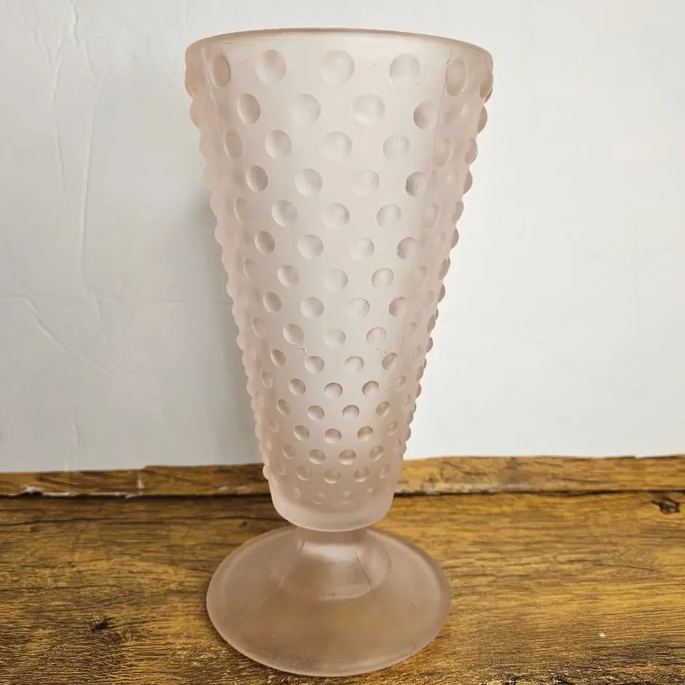 VTG Pink Frosted Hobnail Glass Flower vase 8in
